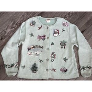 Vintage RARE Artisans Womens Green Christmas Santa Cardigan Sweatshirt 90s Med